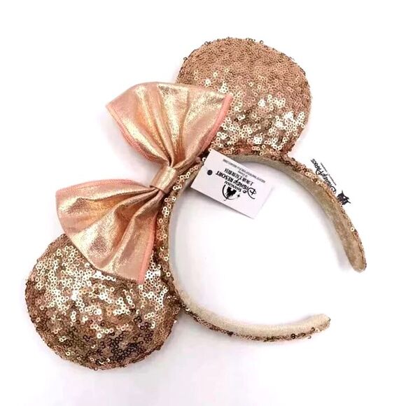 NWT Disney Parks Rose Gold Champagne Minnie Mouse Bow Sequins Ear Headband Ears